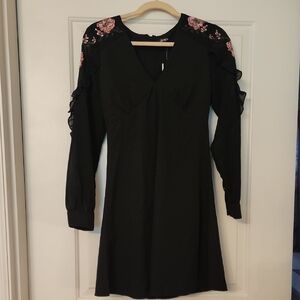 XOXO Black with Pink Embellished A-line Dress Long Sleeve V-neck Cocktail